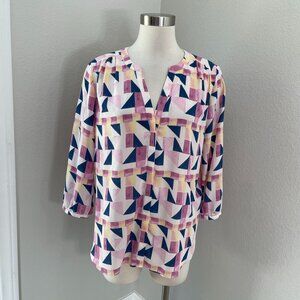 NEW NYDJ Womens Medium Pintuck Blouse Marquette Print 3/4 Sleeve Shirt Top